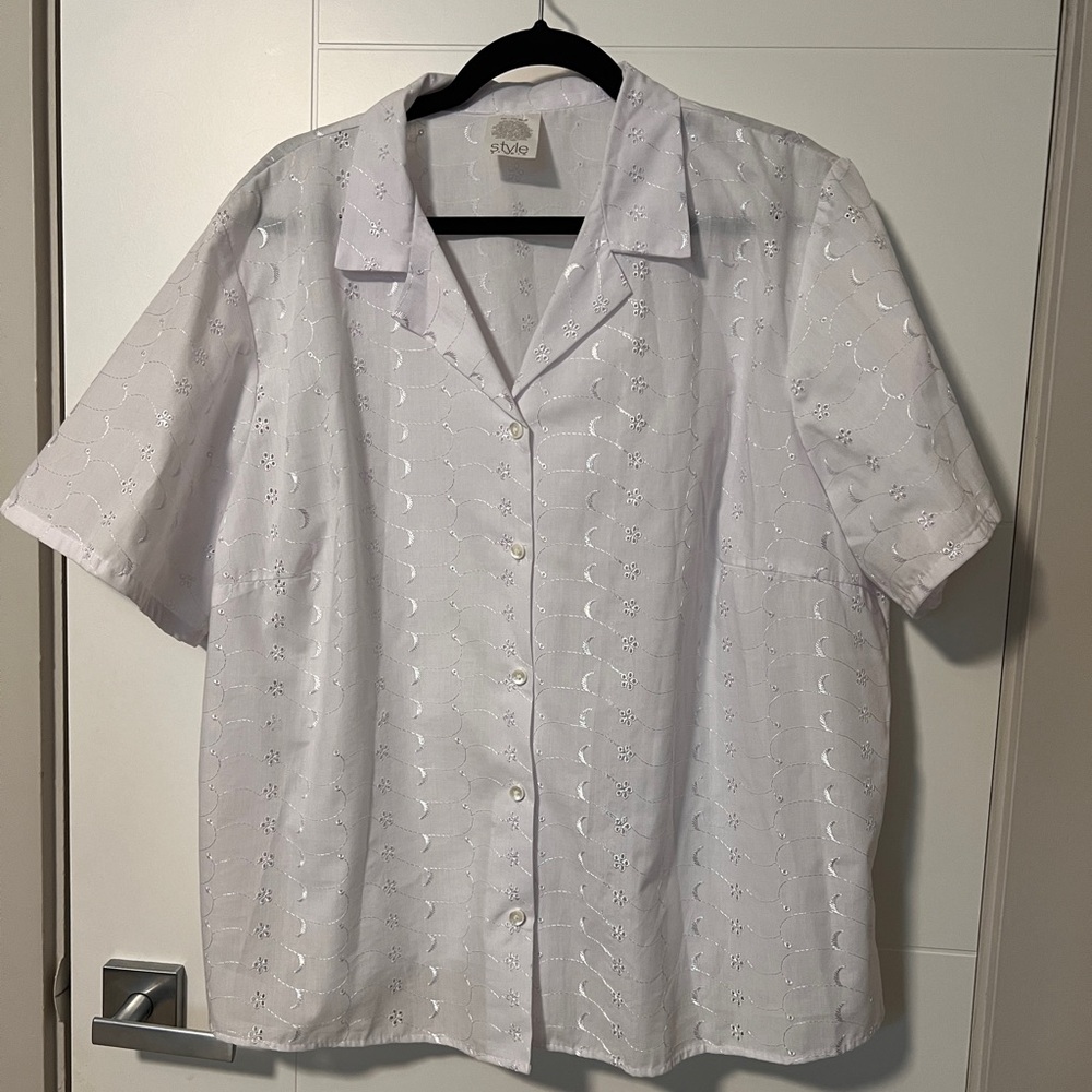 White Eyelet Short Sleeve Button-Up Top